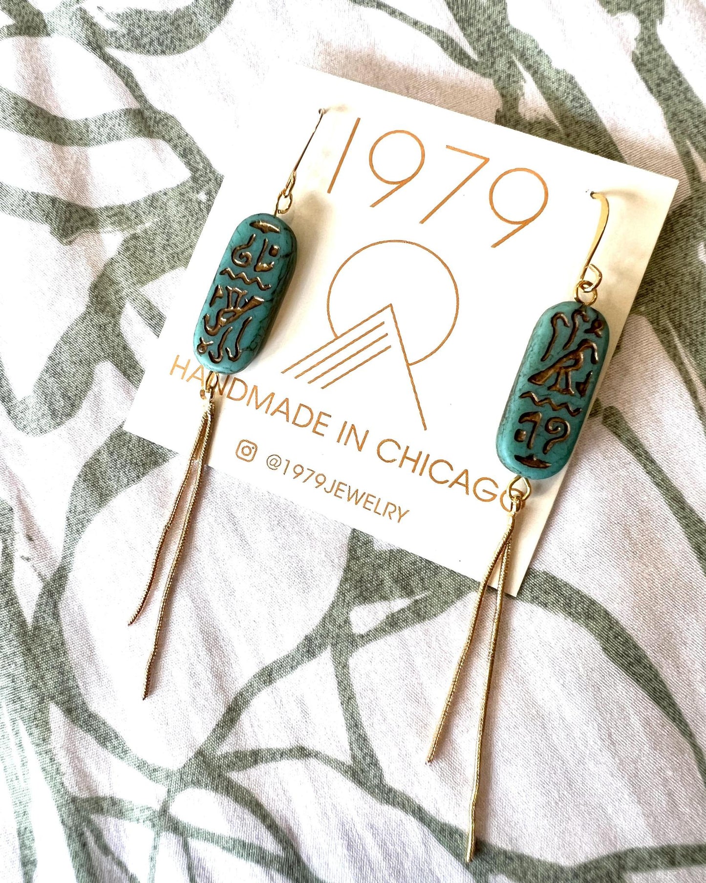 1979 Jewelry Brass Earrings Turquoise Hieroglyphics with Brass Chains