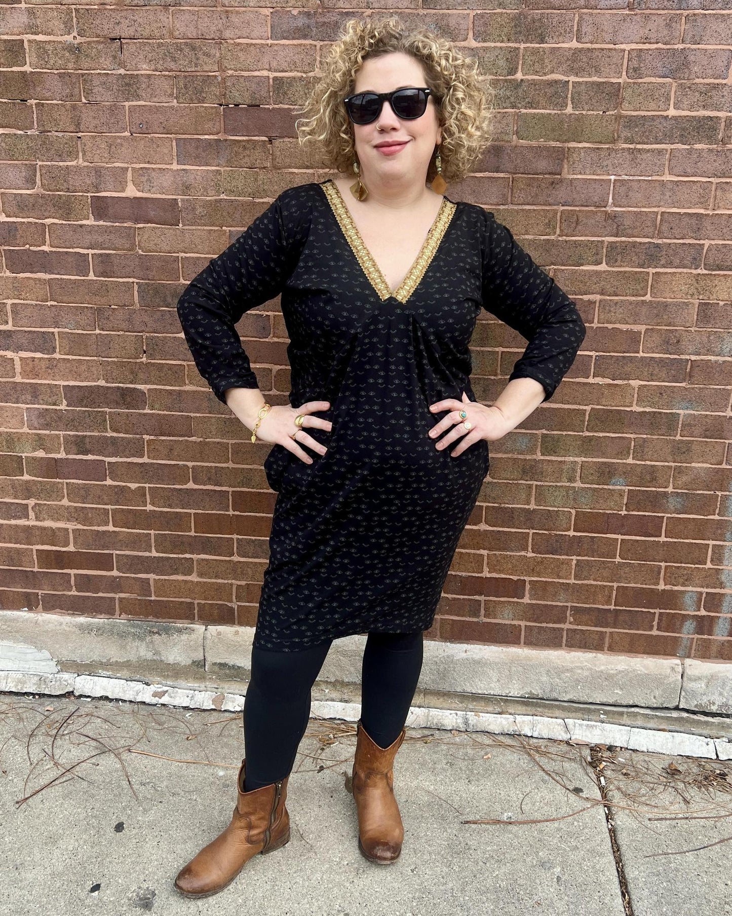 Squasht Drea Draped Dress in Dreamy Eyes Print with Avocado Vintage Trim