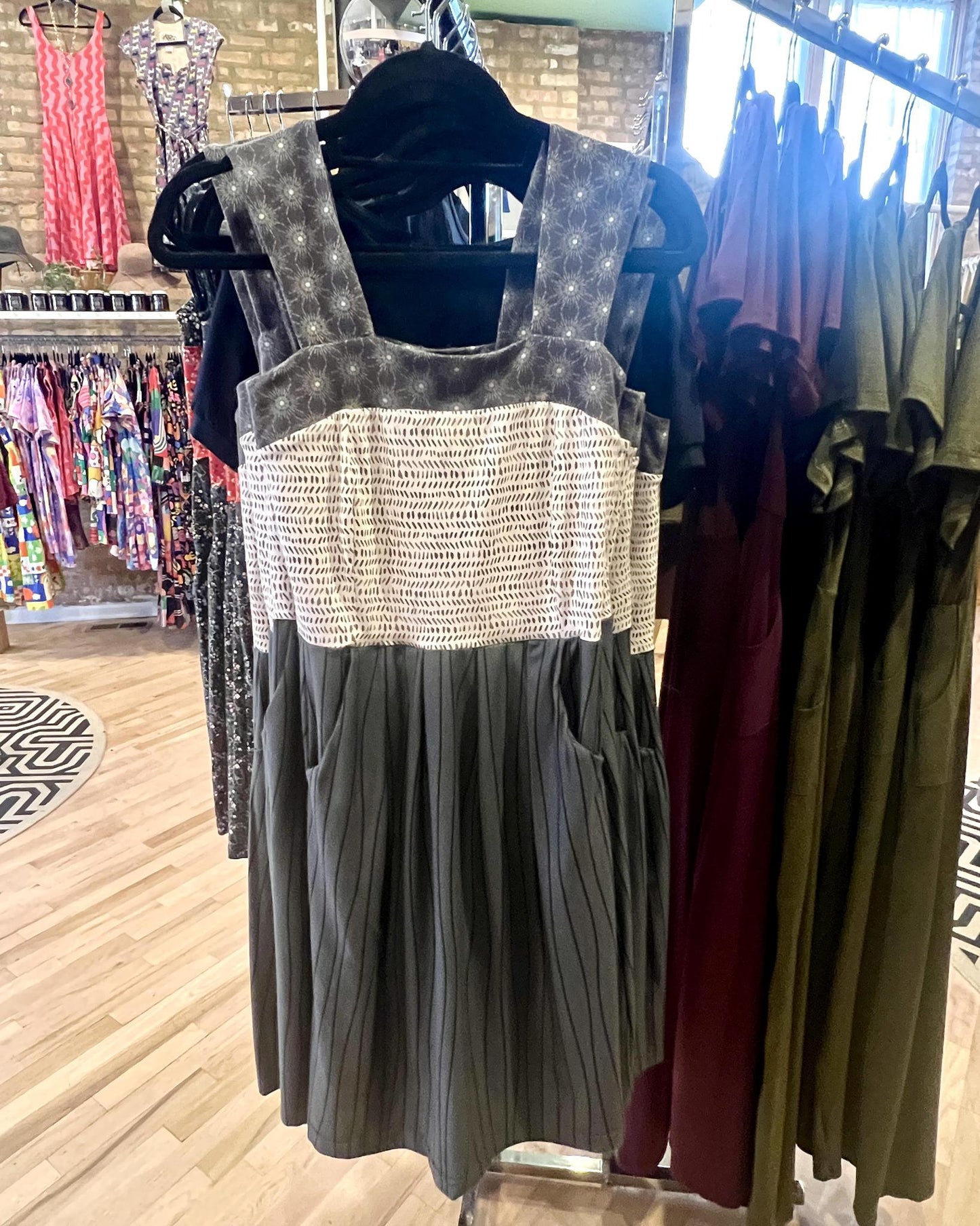 Squasht Wide Strap Dress in Cream and Gray Mixed Prints
