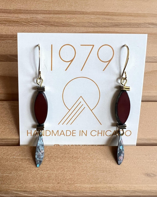 1979 Jewelry Brass Earrings Rust Ovals with Verdigris Dangles