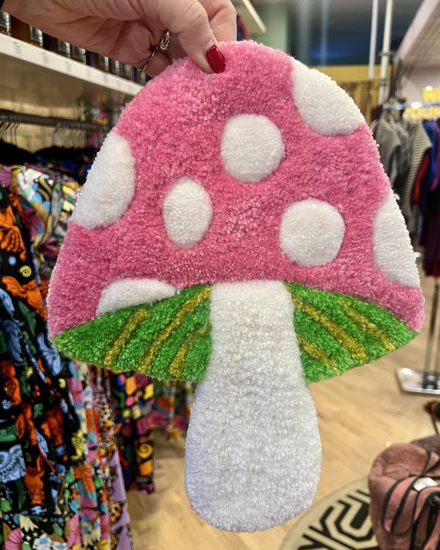 Hi Cutie Mushroom Wall Hanging in Pink, White, and Green