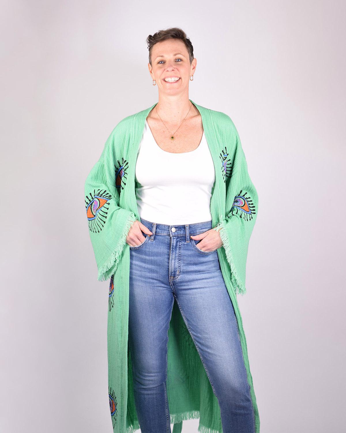 Txtile Luxury Turkish Cotton Evil Eye Kimono/Robe - Soft Jade