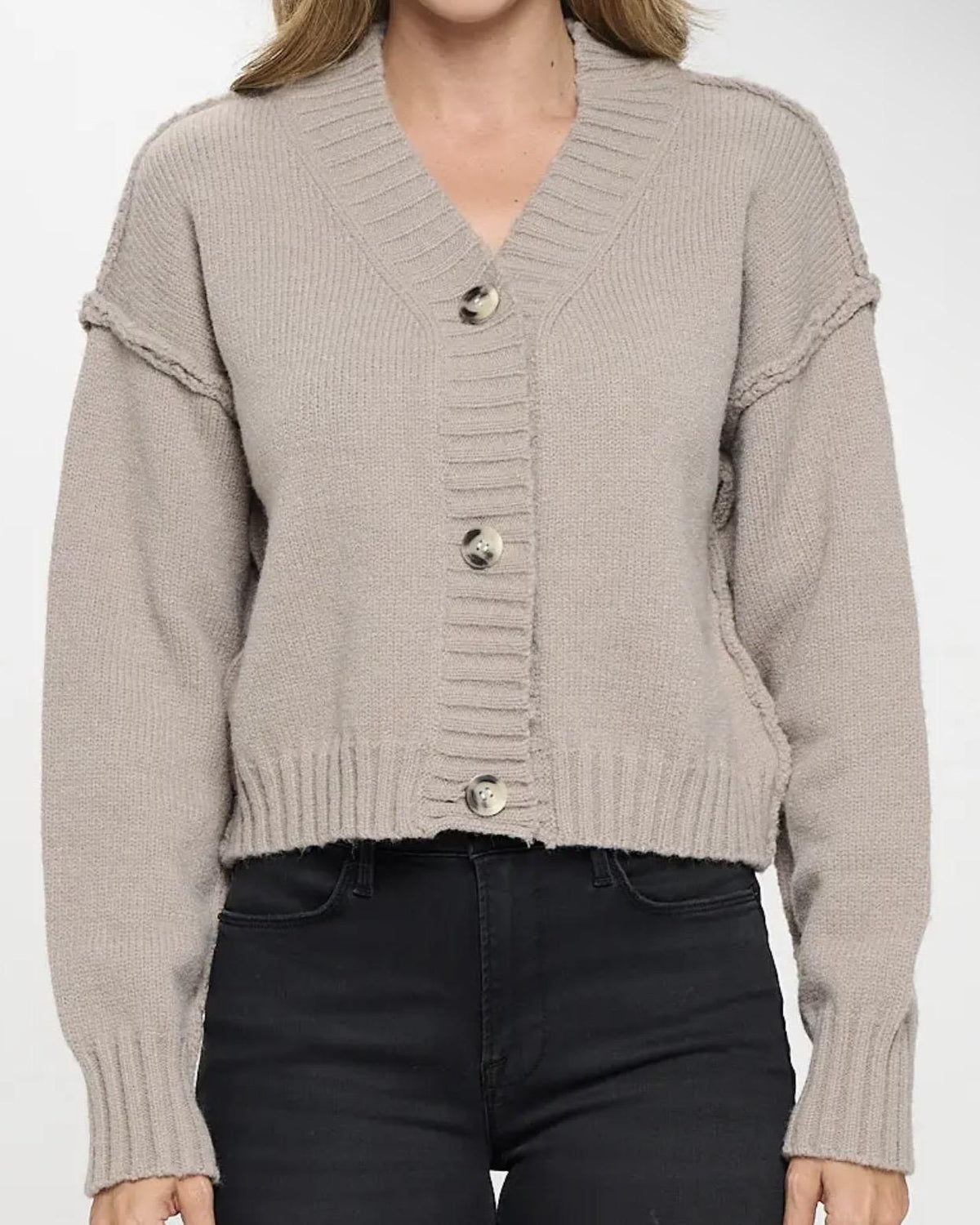 Renee C. Thick Knit Long Sleeve Cardigan with Buttons in Taupe