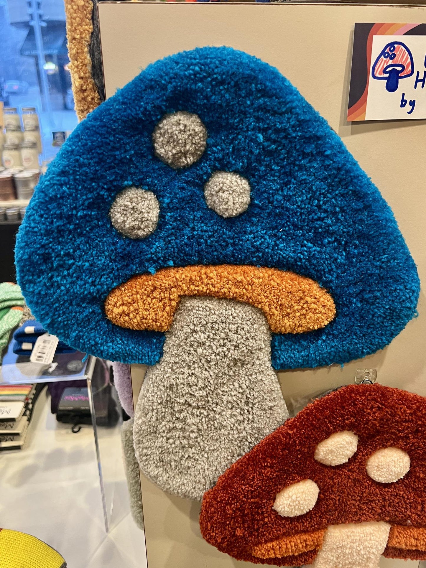 Hi Cutie Mushroom Wall Hanging in Dark Teal, Orange, and Gray