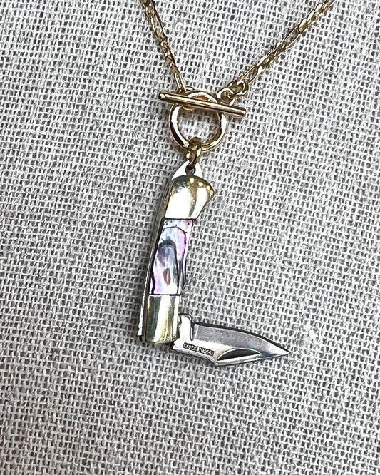 1979 Jewelry Knife Necklace 1-inch Multi-Colored Abalone - 14kt GF chain