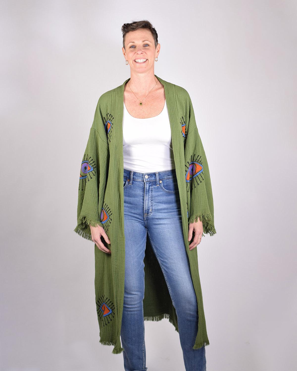 Txtile Luxury Turkish Cotton Evil Eye Kimono/Robe - Olive Grove