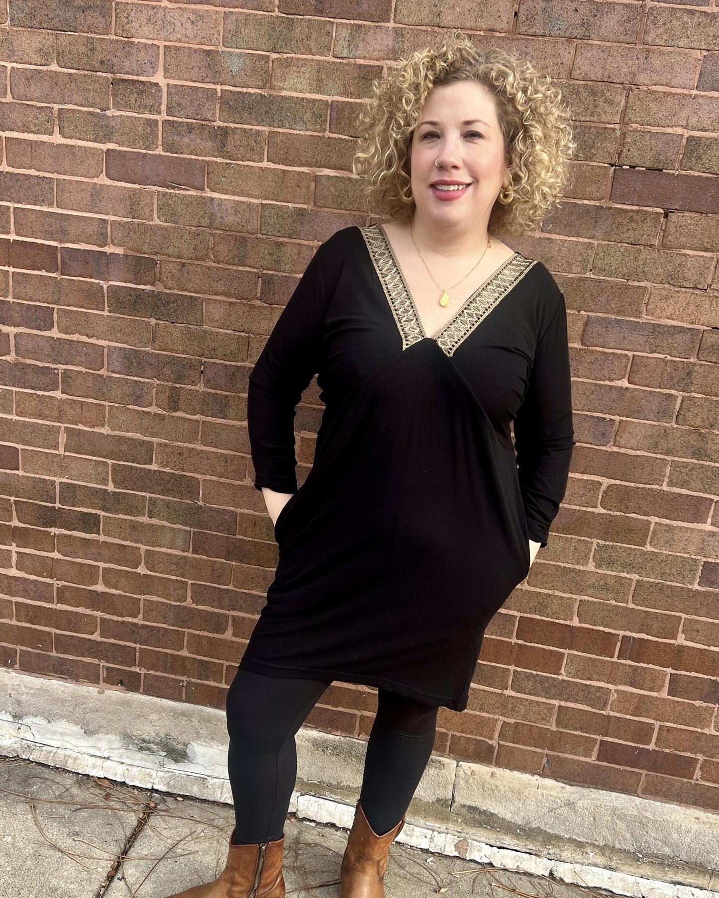 Squasht Drea Draped Dress in Black with Sage & Gold Vintage Trim