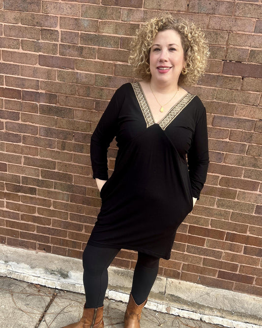 Squasht Drea Draped Dress in Black with Sage & Gold Vintage Trim