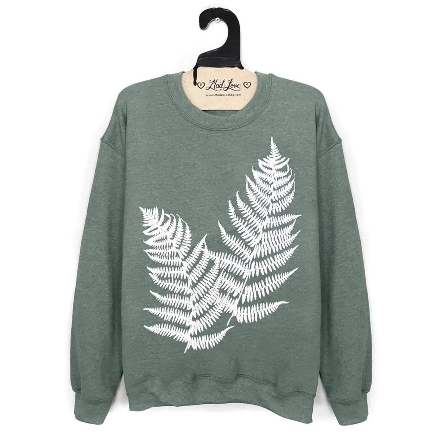Mad Love Unisex Heather Green Fleece Sweatshirt with Ferns - Small