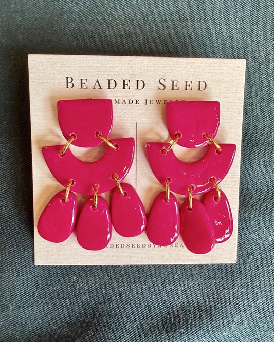 Beaded Seed by Ronea Dangle Stud Earrings in Bright Pink