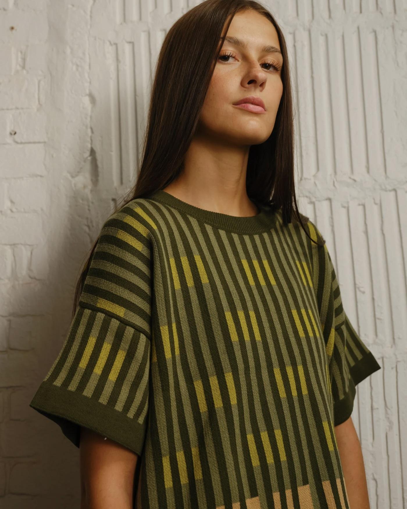 The Endery Bauhaus Short Sleeve Sweater Tee in Prasiolite (Sage/Olive Green)