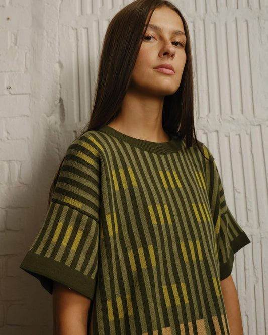 The Endery Bauhaus Short Sleeve Sweater Tee in Prasiolite (Sage/Olive Green)