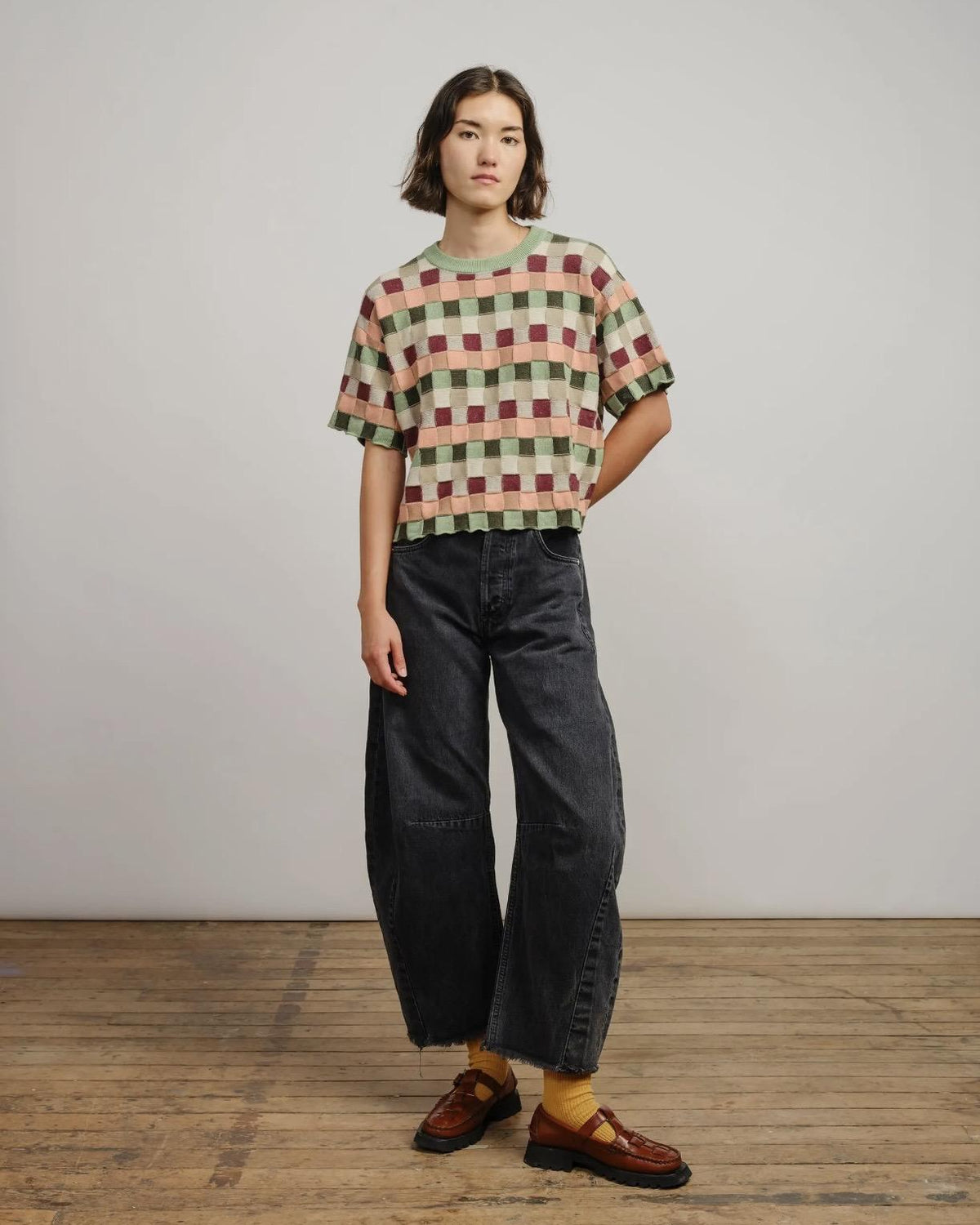 The Endery Sonia Short Sleeve Sweater Tee in Zephyr (Sage/Peach/Cream)