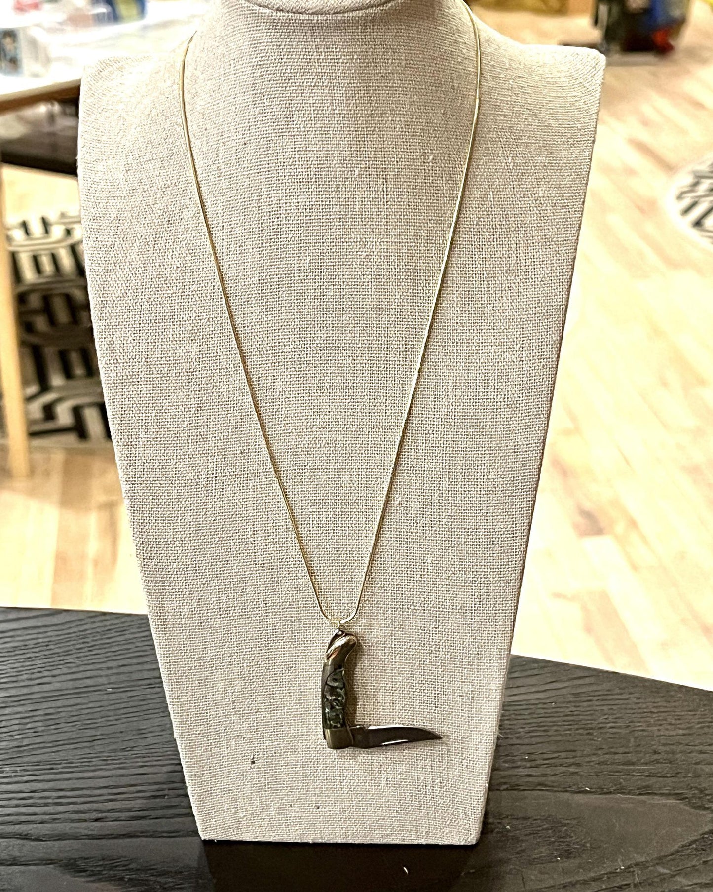 1979 Jewelry Knife Necklace 1.5 inch Multi Colored Abalone - 14kt GF chain