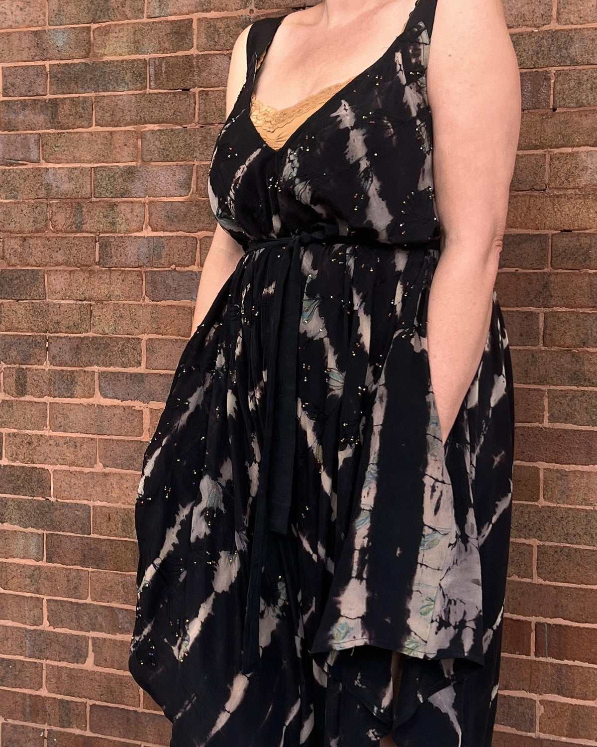 Indie Ella Zatanna Boho Silk Jumpsuit in Midnight Noir Tie-Dye