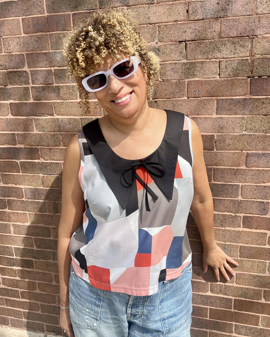 Squasht 70s Collared Tank in Abstract Art Print w/ Black Collar & Bow