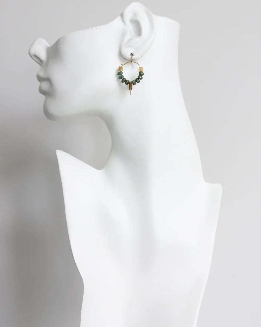 David Aubrey Green Glass and Brass Hoop Earrings