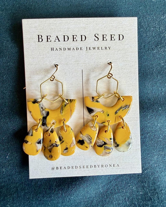 Beaded Seed by Ronea Dangle Earrings in Marbled Golden Yellow