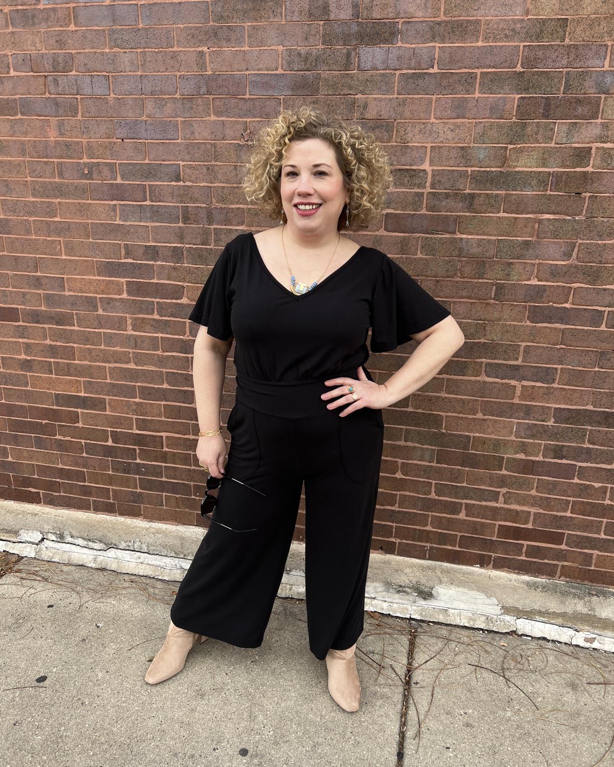 Squasht Jumpsuit with Bell Sleeves in Solid Black