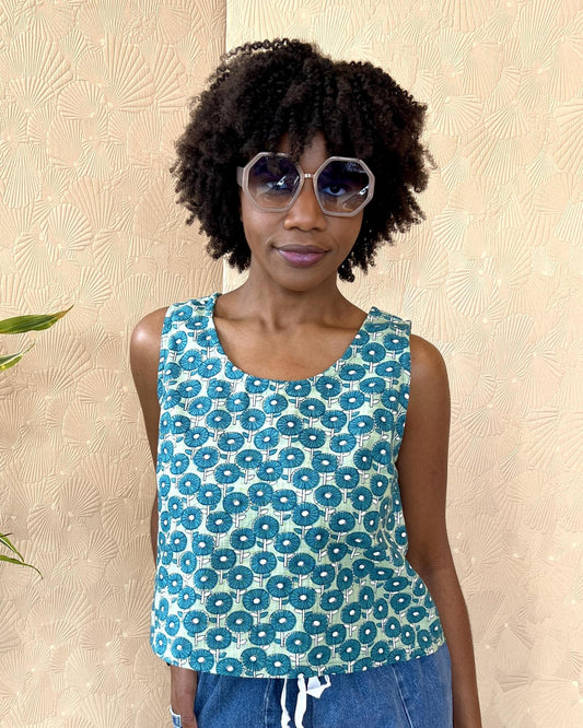 Squasht Tank Top in Caribbean Turquoise Cotton Poplin Flower Print 🌼