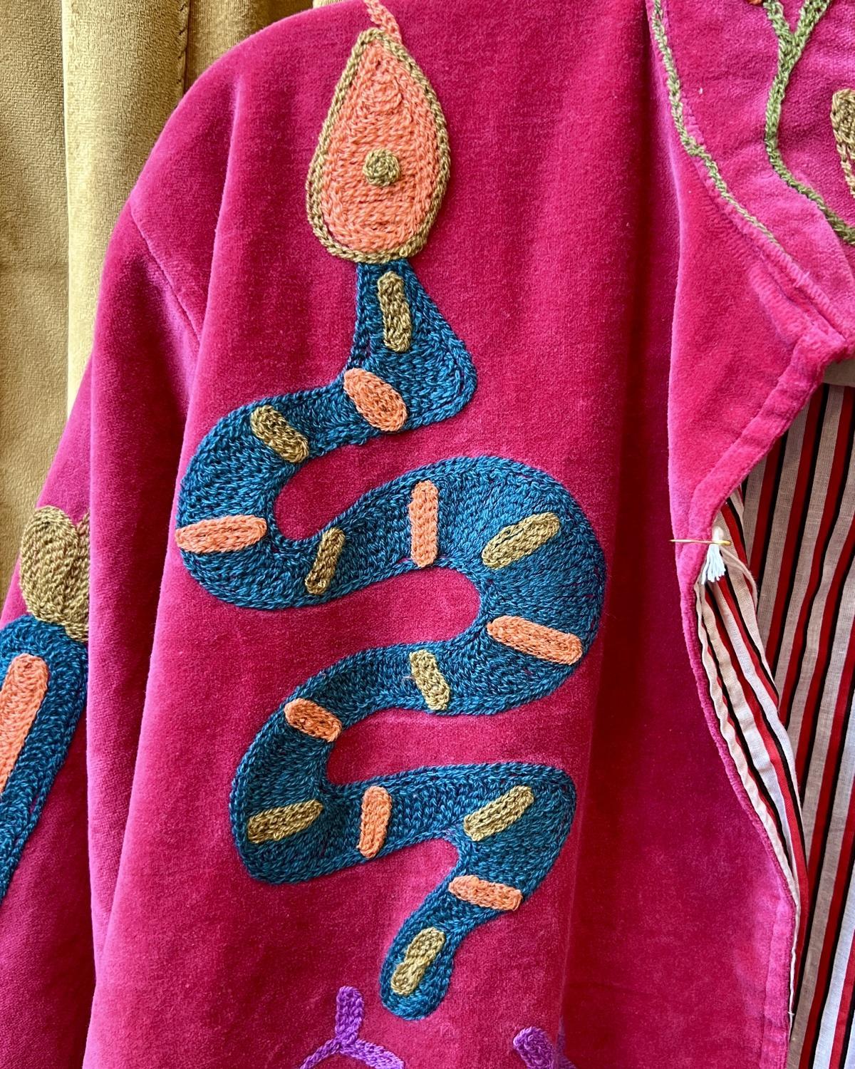 Txtile Hot Pink Velvet Jacket with Snake and Cactus Motif