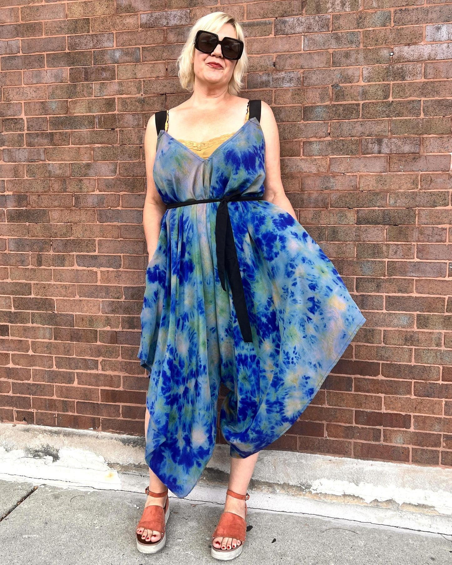 Indie Ella Zatanna Boho Silk Jumpsuit in Oceanic Blue Tie-Dye