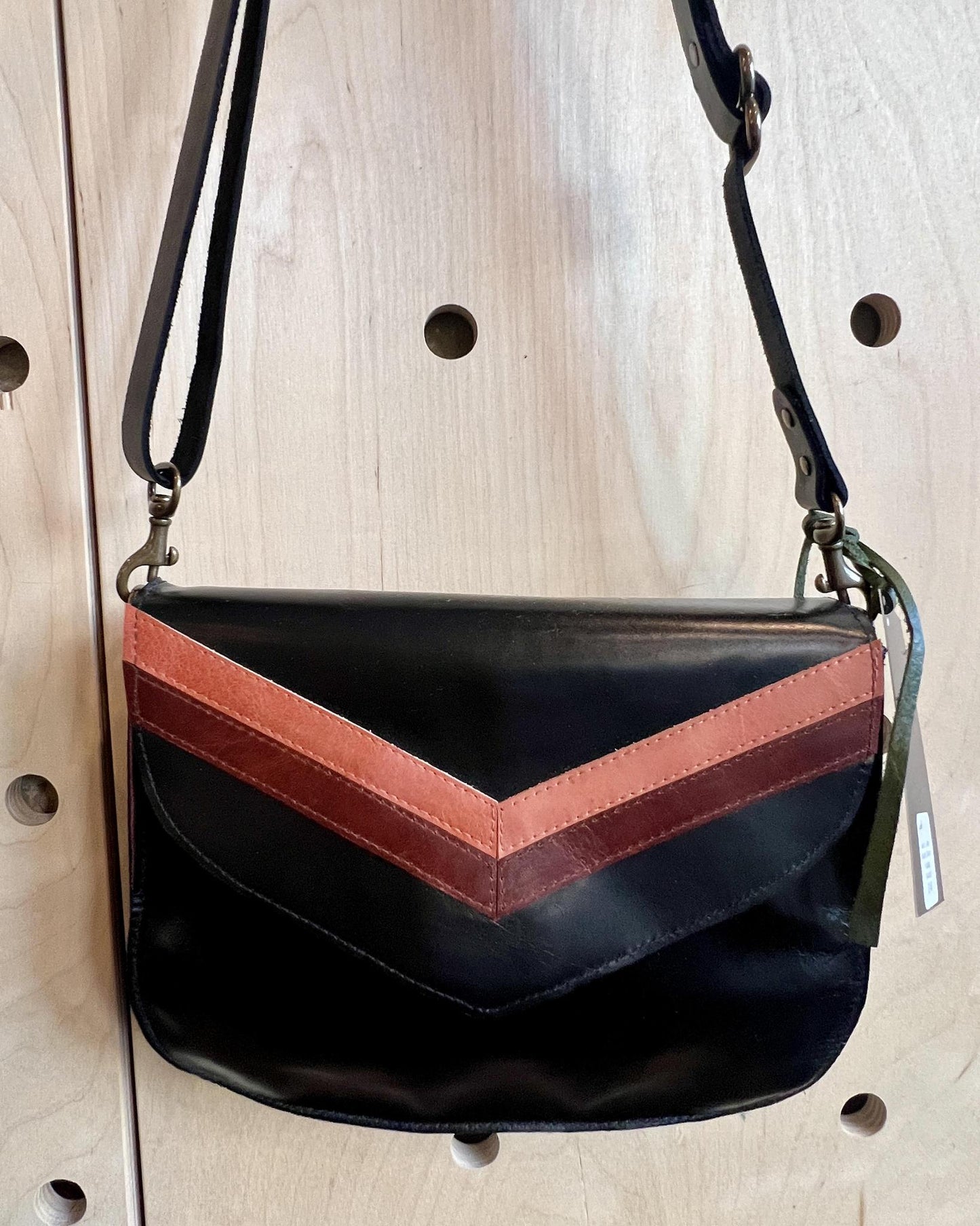 Vallente Leather Chevron Handbag - Black w/ Ochre and Sienna Chevrons