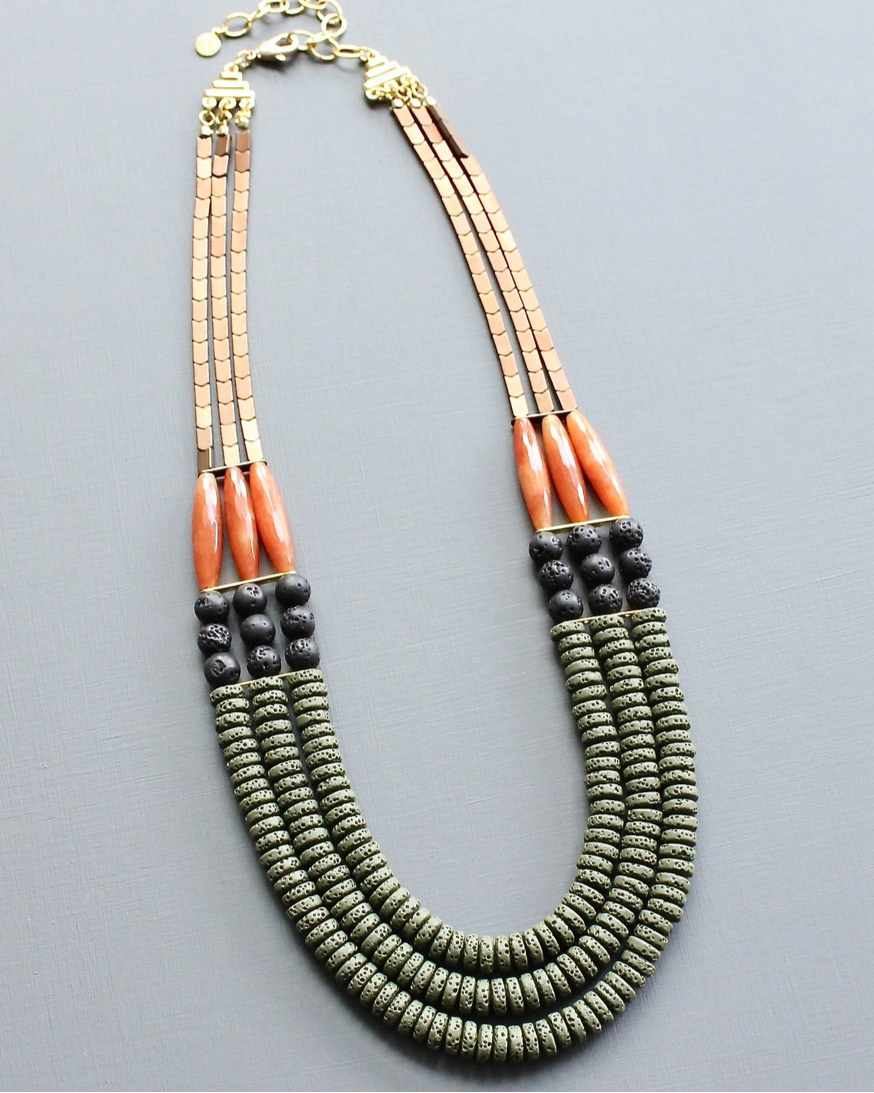 David Aubrey Triple Strand Necklace in Moss, Jet & Carnelian