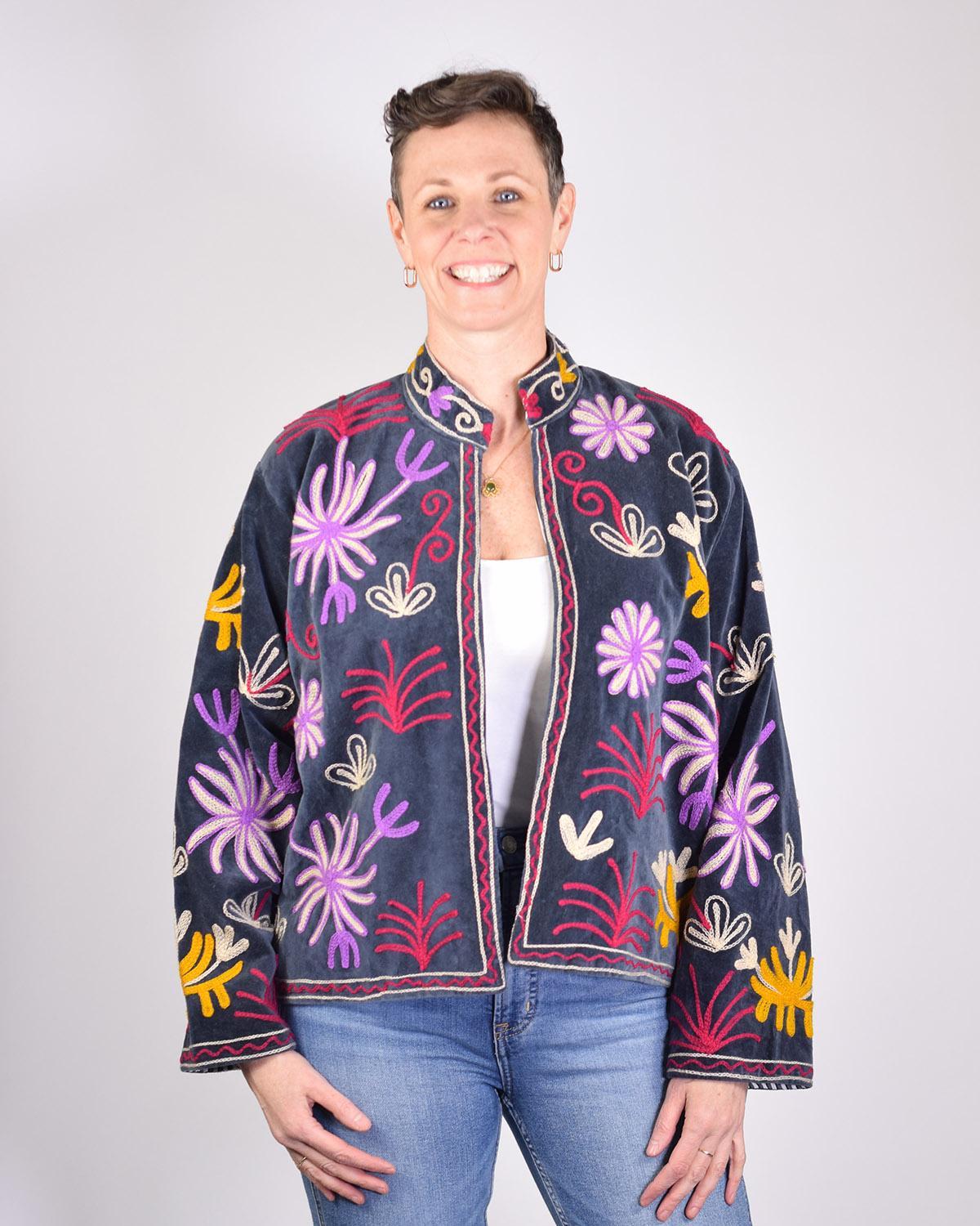 Txtile Slate Gray Velvet Jacket with Embroidered Leopard and Floral Motif