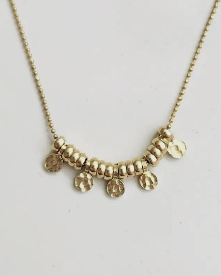 Sara Sela Hammered Brass Charm Beaded Necklace