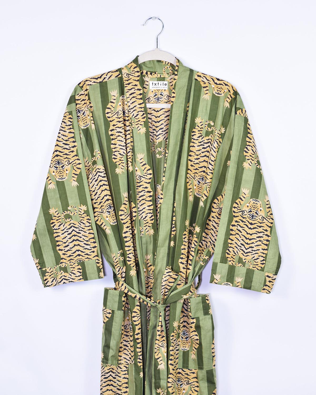 Txtile Lightweight Cotton Robe - Green Tiger Print