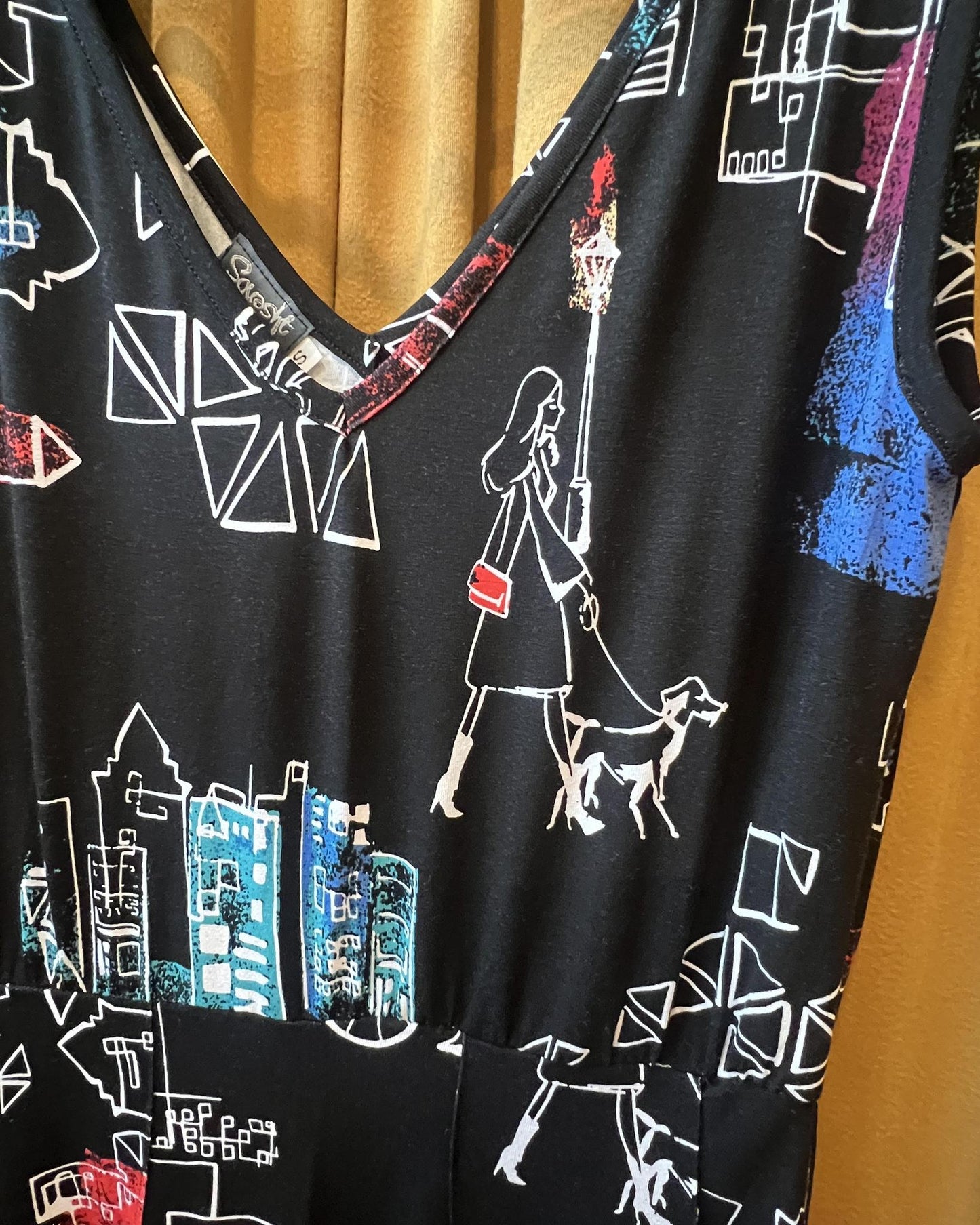 Squasht Maxi Dress Black with City Girl, Bike, and Dog Print - Size Small, Medium