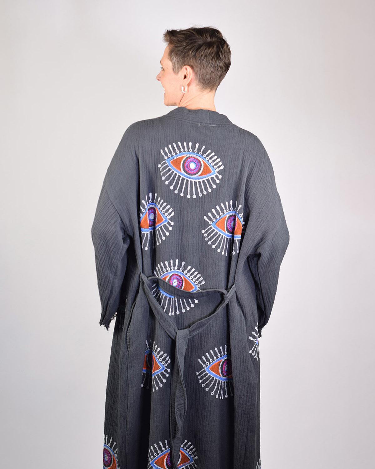 Txtile Luxury Turkish Cotton Evil Eye Kimono/Robe - Moonstone (Charcoal Gray)