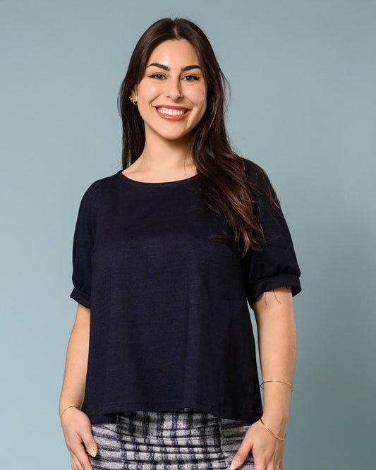 Squasht Puff Sleeve Top in Deep Midnight Blue