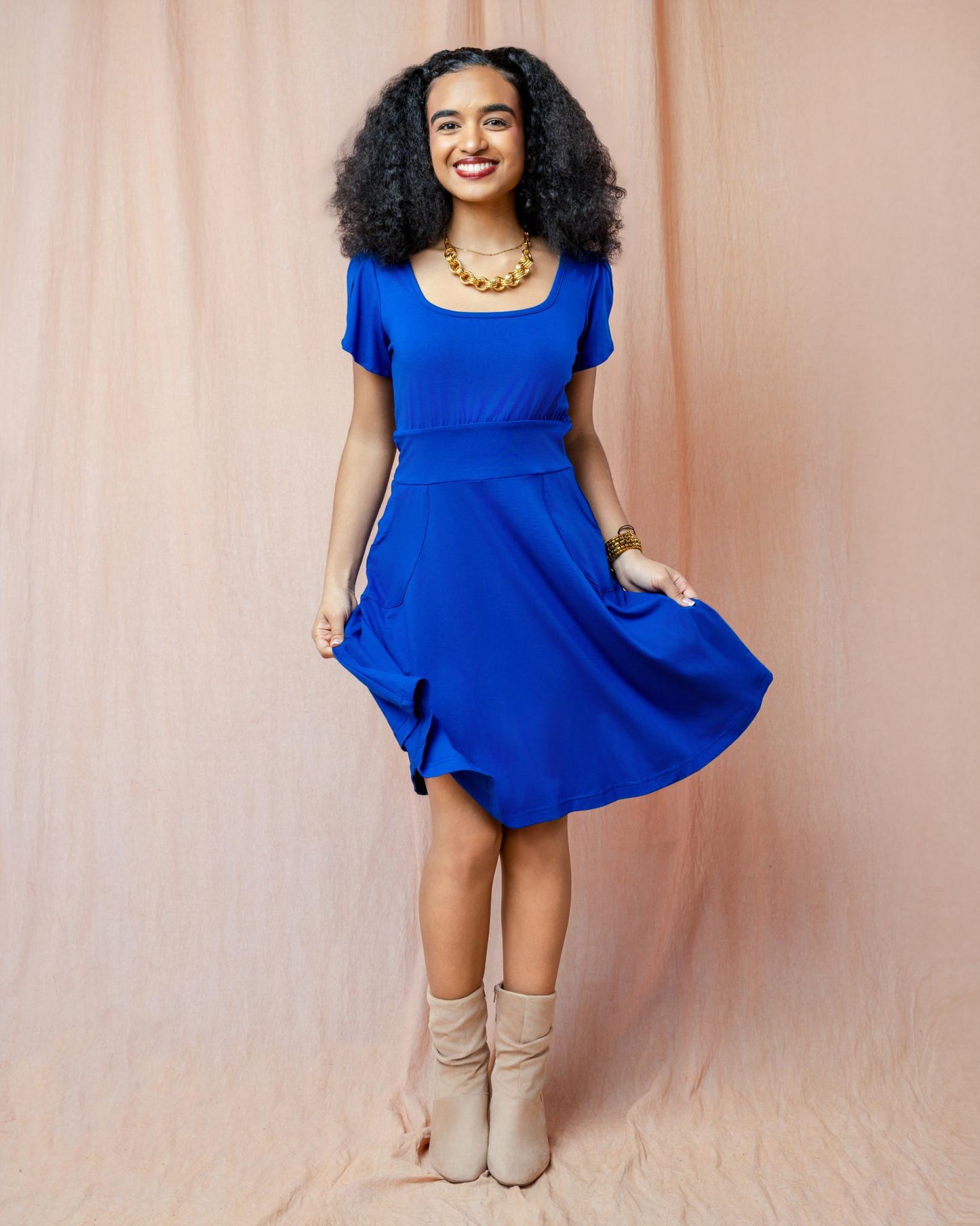 Squasht Petal Sleeve Dress in Sapphire Blue