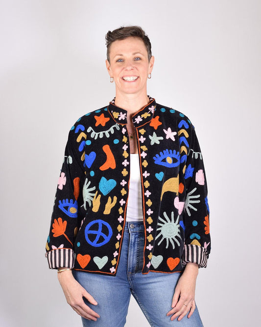 Txtile Black Velvet Jacket with Embroidered Peace, Evil Eye, Boots, Hearts Motif
