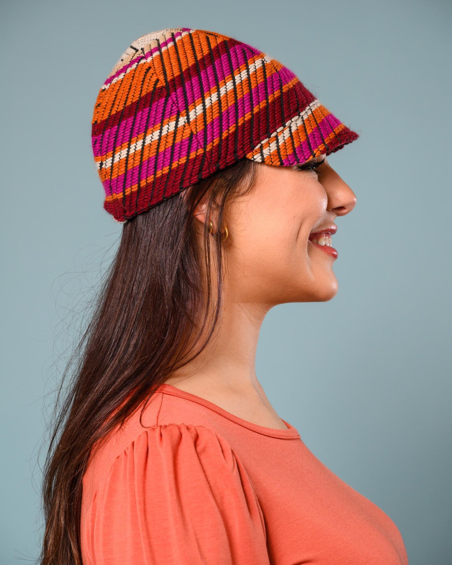 Squasht Reversible Bella Hat in Textured Burgundy & Fuchsia & Orange Stripes