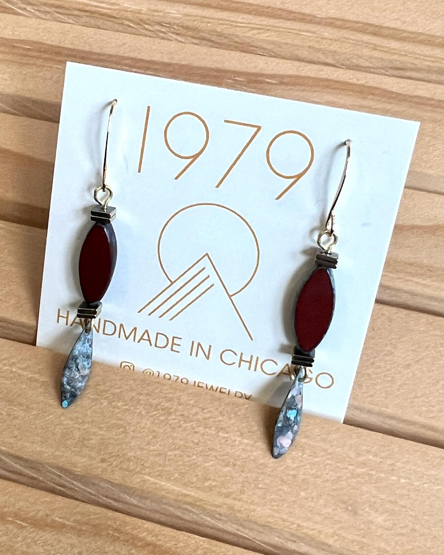 1979 Jewelry Brass Earrings Rust Ovals with Verdigris Dangles