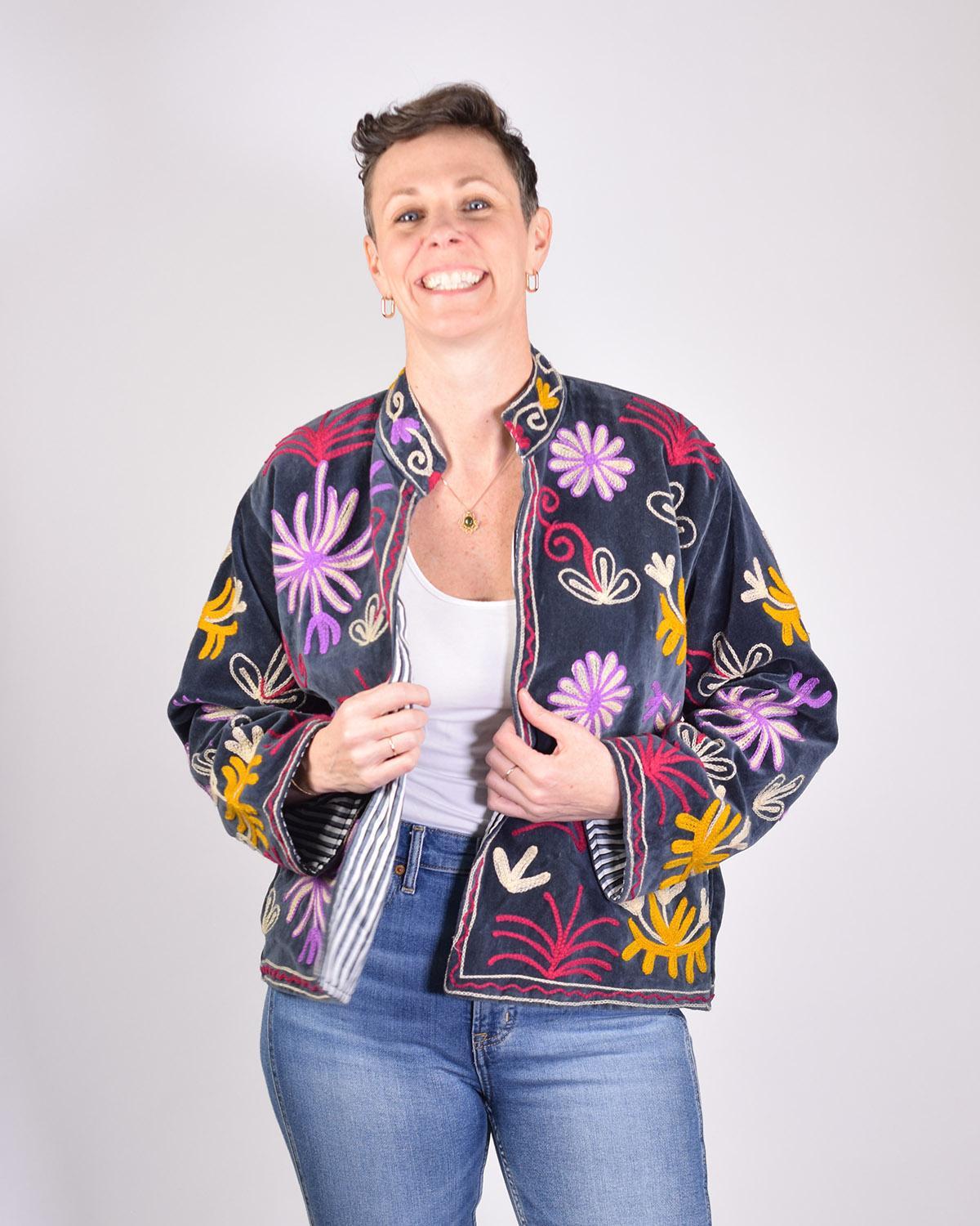 Txtile Slate Gray Velvet Jacket with Embroidered Leopard and Floral Motif