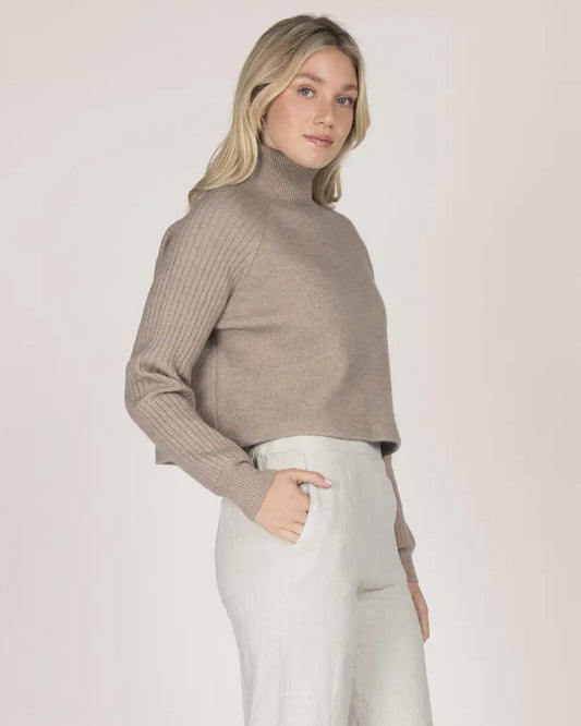 M Rena Ribbed Ragland Cropped Turtleneck Sweater in Camel