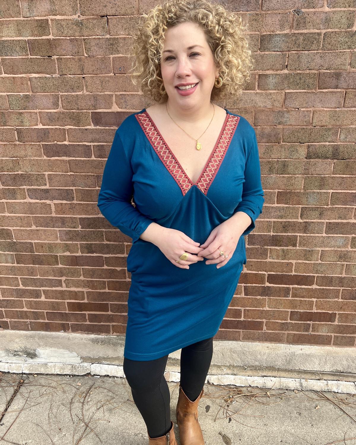 Squasht Drea Draped Dress in Teal with Berry & Pink Vintage Trim