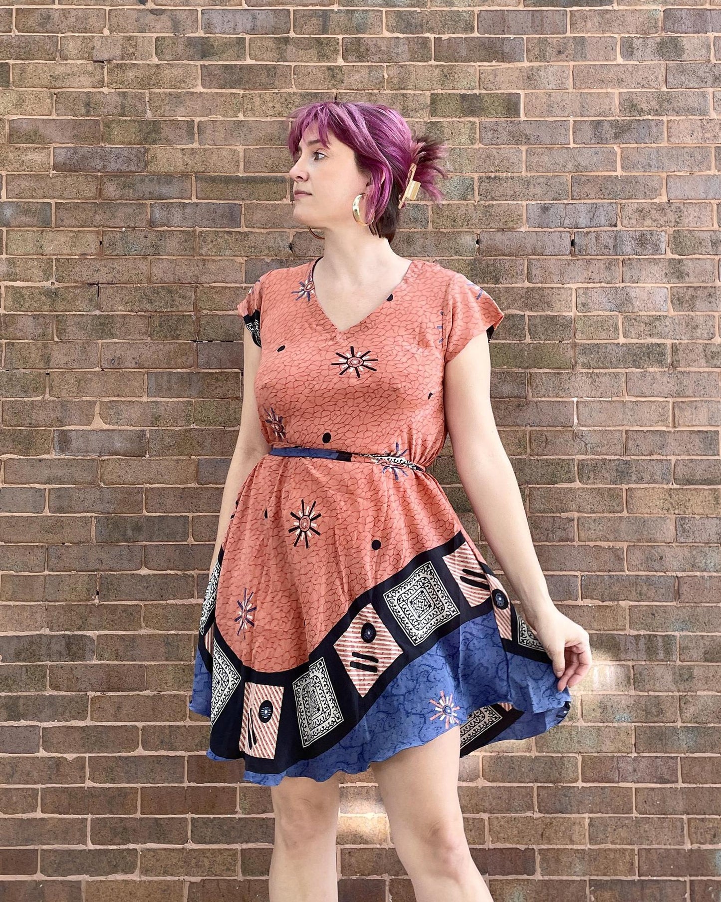 Indie Ella Kayla V-Neck Silk Dress in Coral Dreamer - size Medium