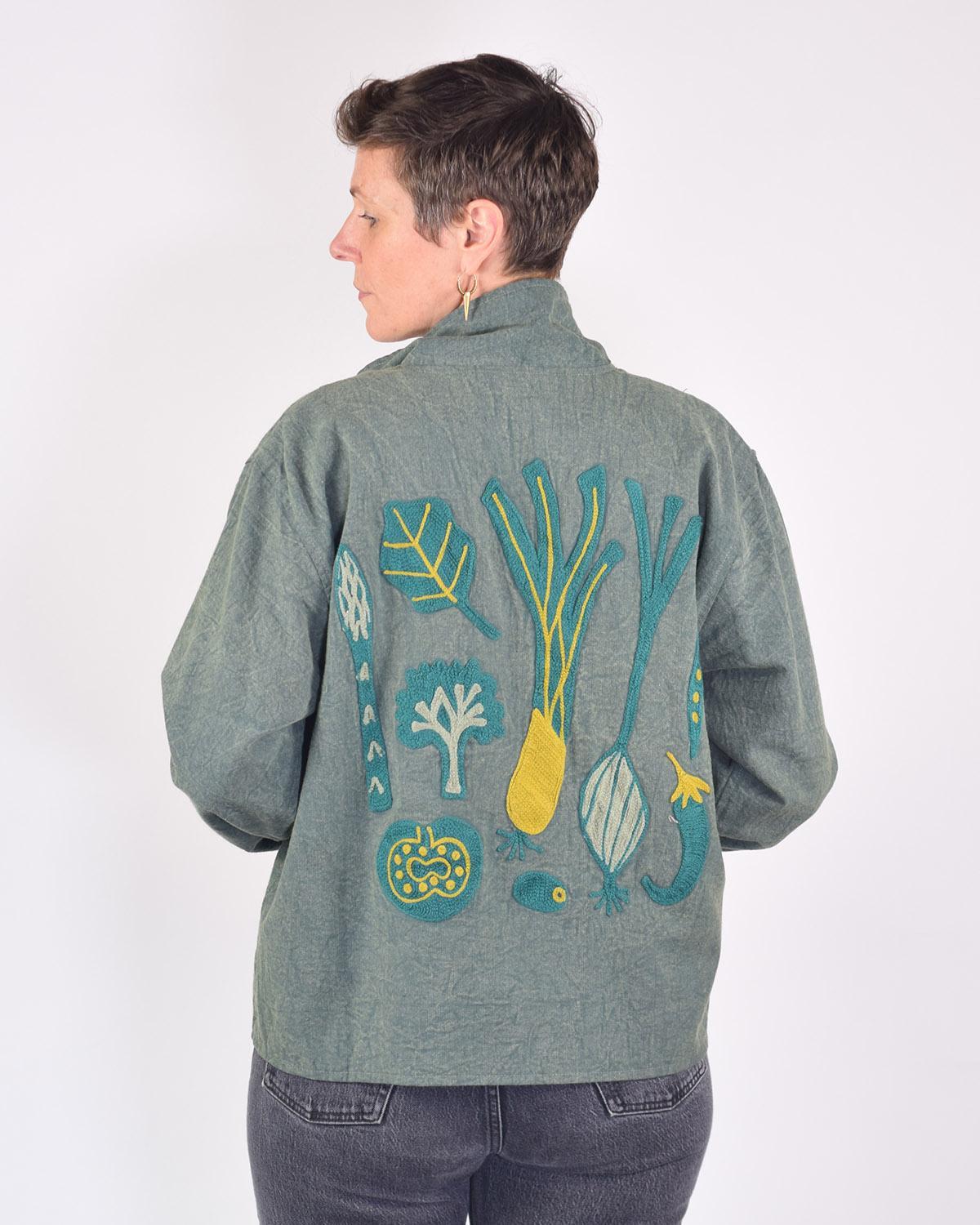 Txtile Dusty Teal Lightweight Garden Motif Canvas Embroidered Jacket