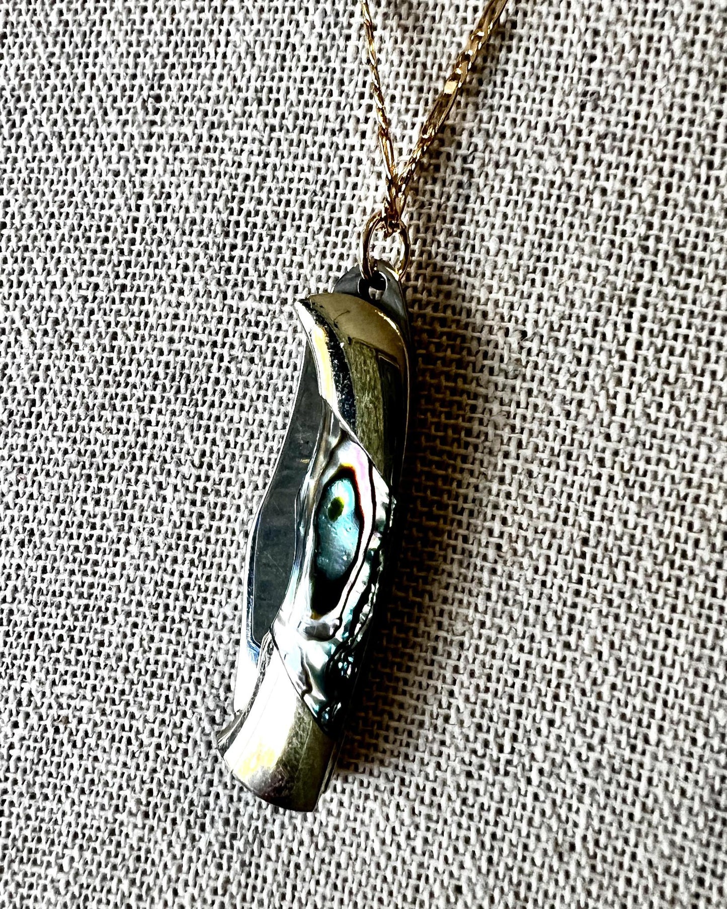 1979 Jewelry Knife Necklace 1.5 inch Multi Colored Abalone - 14kt GF chain