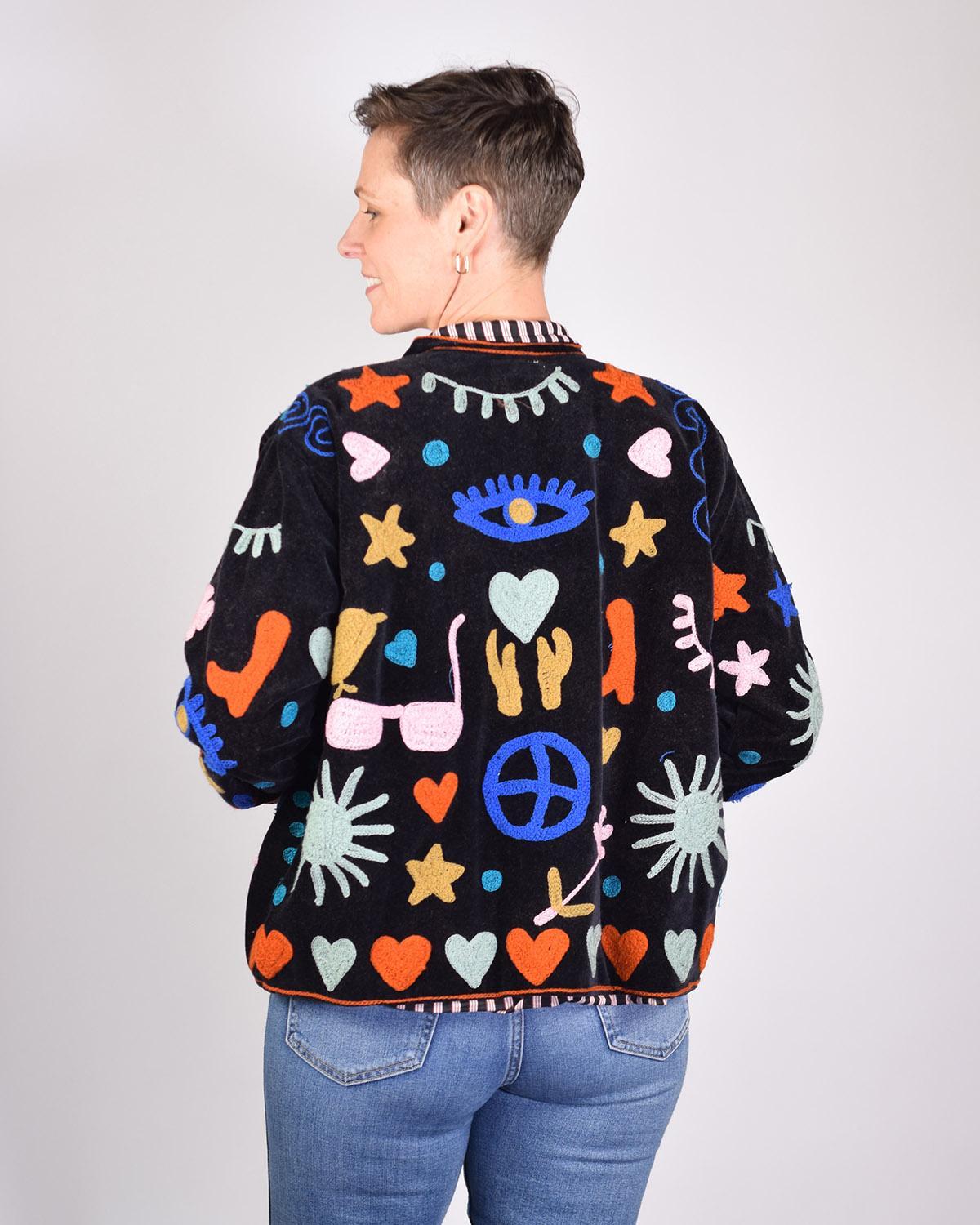 Txtile Black Velvet Jacket with Embroidered Peace, Evil Eye, Boots, Hearts Motif