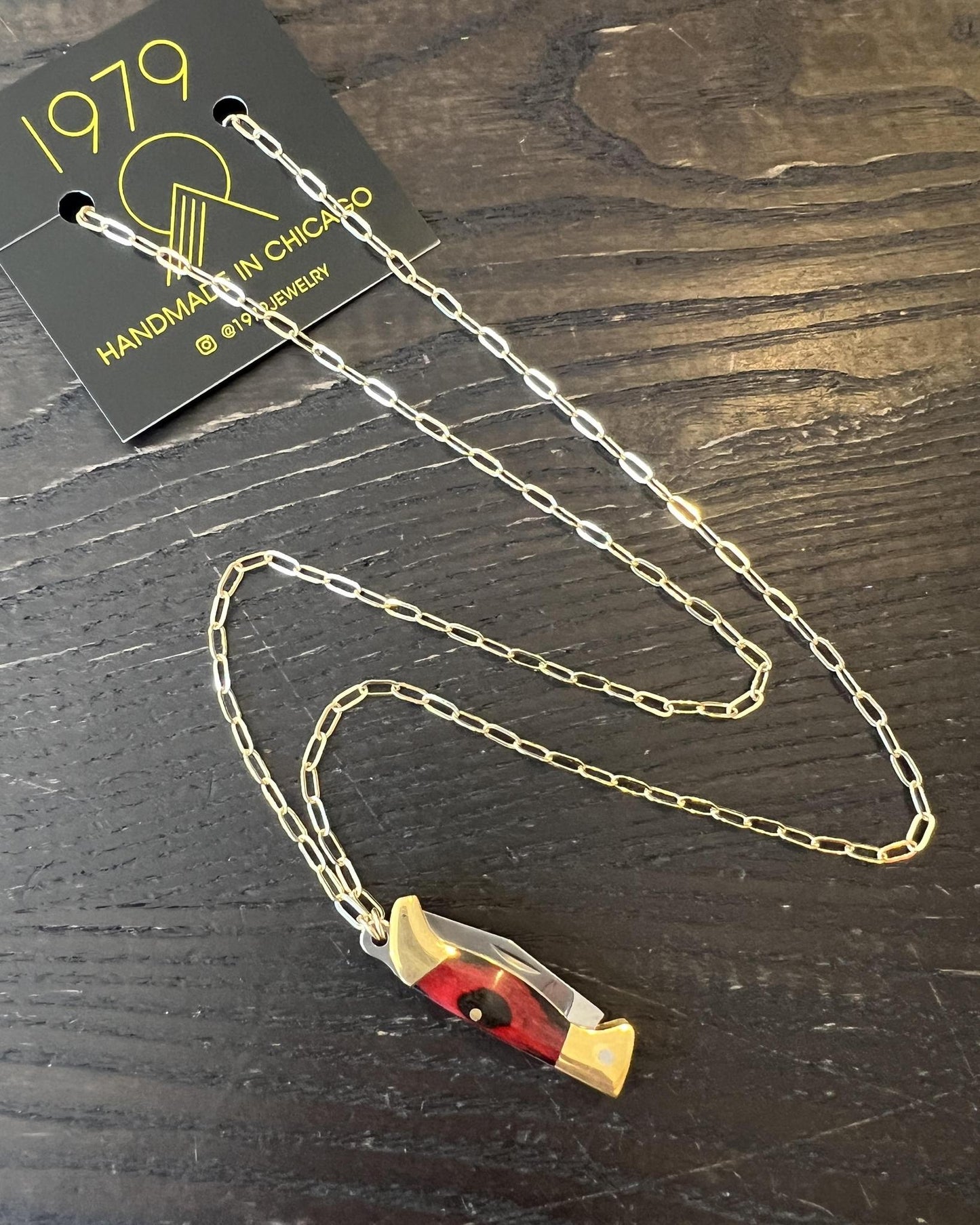1979 Jewelry Knife Necklace 1.5-inch Wood - 14 kt GF Chain