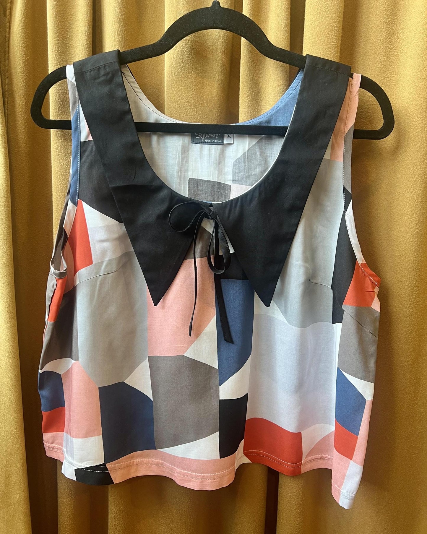 Squasht 70s Collared Tank in Abstract Art Print w/ Black Collar & Bow