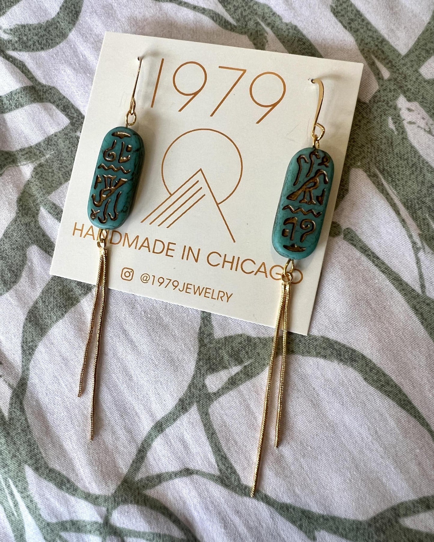 1979 Jewelry Brass Earrings Turquoise Hieroglyphics with Brass Chains