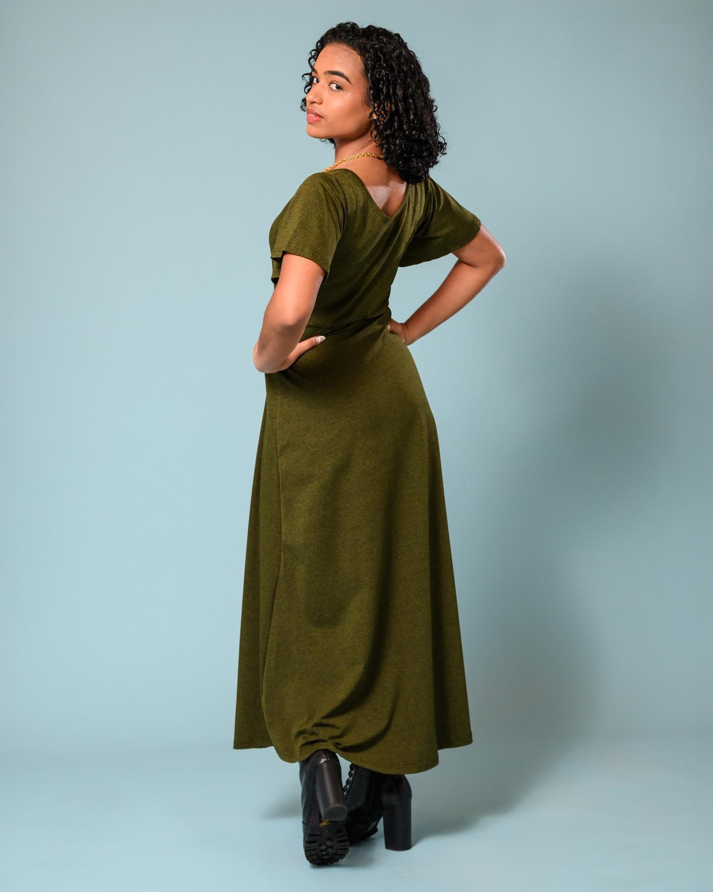 Squasht Lillia Sleeved Maxi Dress in Deep Olive Green