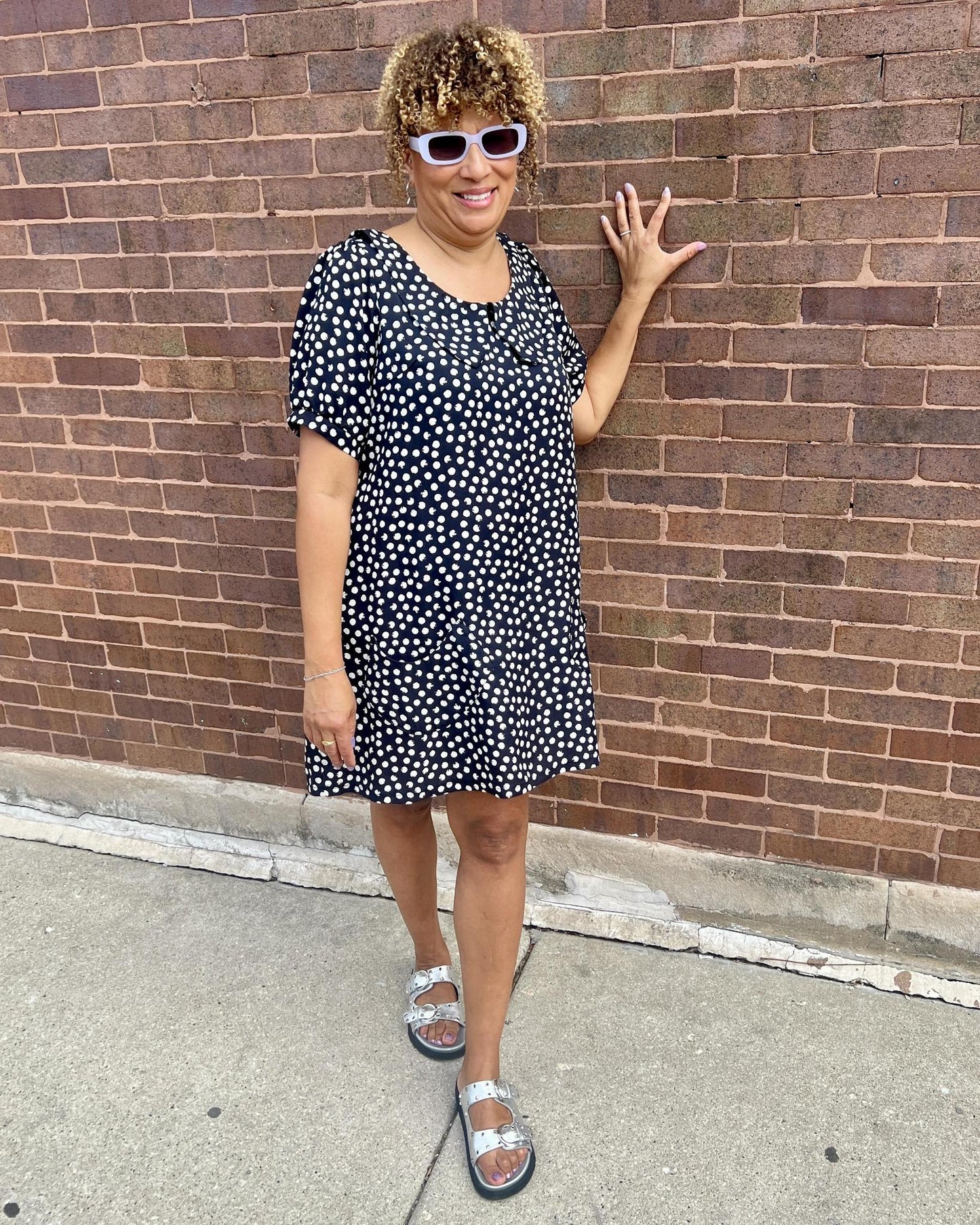 Squasht Charlotte Dress in Black with White Distressed Dots